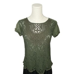 Self Esteem Olive Green Lace Crochet Detail Blouse Boho Short Sleeve Top